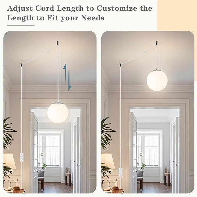 KoKo&Yukina 8" Globe Pendant Light Nickel Plug in Pendant Light Adjustable Hanging Lights with Plug in Cord Nickel Finished with Milk Glass Lampshade for Bedroom Kitchen Island (Bulb Included)