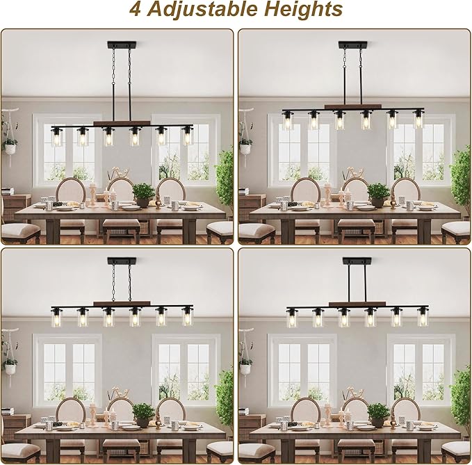 47.2'' Kitchen Island Light Fixtures, 6-Light Dining Room Light Fixture Chandelier Over Table, Black Modern Rustic Wood Ceiling Pendant Light Fixtures, with Clear Glass Shade, Farmhouse Chandelier