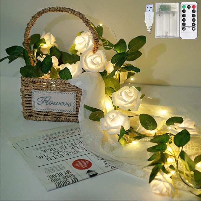 Rose Vine Lights with Remote, Battery or USB Operated Artificial Flower Garland, Hanging Fairy Lights for Bedroom Headboard, Valentine‘s Day, Wedding, Romantic Party Décor (White, 3.3)