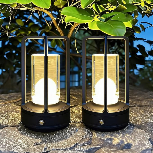 Portable Metal Table Lamp, 4000 mAh Rechargeable Outdoor Table Lamp, 3 Color Stepless Dimmable Cordless Table Lamps for Patio, Camping, Coffee Table Decor for Indoor/Outdoor (Black Set of 2)
