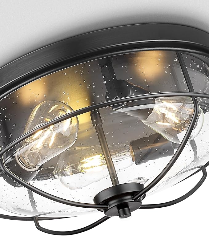 3-Light Flush Mount Ceiling Light, HWH 15 inch Hallway Light Fixtures Ceiling with Seeded Glass, Matte Black Finish, 5HTJ102F BK
