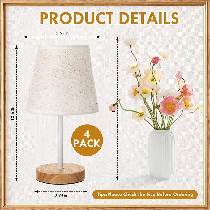 Gerrii 4 Pcs Small Bedside Table Lamp, Wooden Bedroom Tiny Lamp with Linen Shade, Mini Desk Night Light for Bedroom, Living Room, Kids Room Kitchen Counter (White)