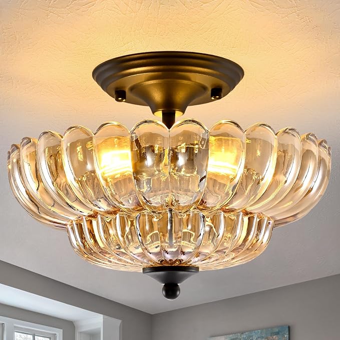 HuixuTe Modern Semi Flush Mount Ceiling Light, 3-Light Black Close to Ceiling Light Fixture with Amber Glass Shade for Living Room Entryway Bedroom