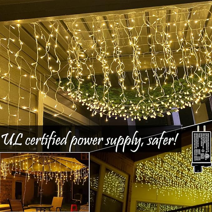 BLOFUN LED Lamps Outdoor Icicle Lights, 32.8 ft 400 LED - 8 Modes Curtain String Lights for Indoor/Outdoor, Wedding, Party, Holiday