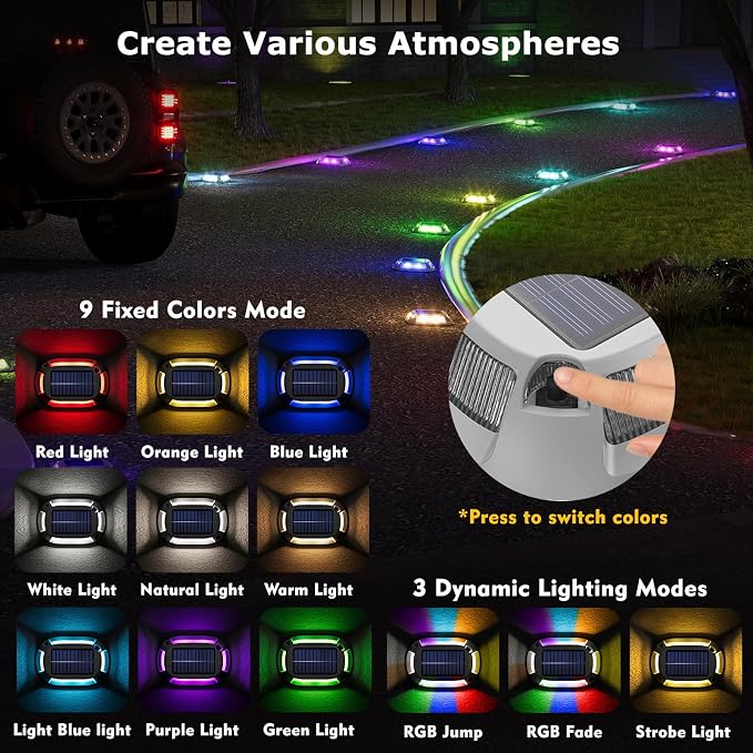 4Pack Aluminum Alloy Solar Driveway Lights, IP68 Solar Deck Light Marine Dock Lights Outdoor Waterproof, Multi-color LED Driveway Markers for Walkway, Path Decor [12Modes - Strobe/RGB/Fix-color]