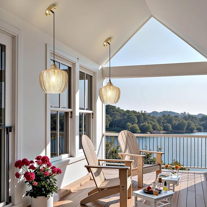 Modern Gold Pendant Light 2 Pack, Amber Glass Kitchen Island Pendant Light Fixture Adjustable Vintage Hanging Ceiling Light for Dining Room Corridor Bedroom 9.45 inch, UL Certification