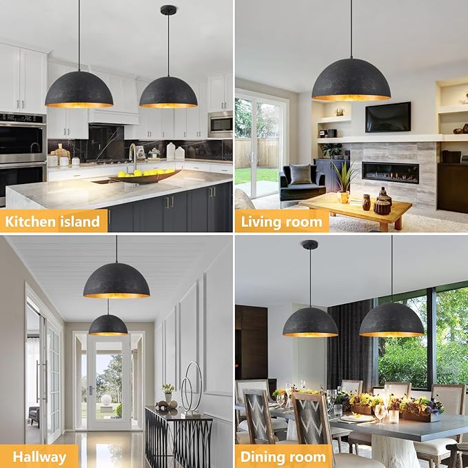 15.7" Farmhouse Pendant Light,Black with Gold Grain Industrial Large Dome Light Fixture,Adjustable Vintage Chandelier for Kitchen Island,Dining Room,and Bedroom