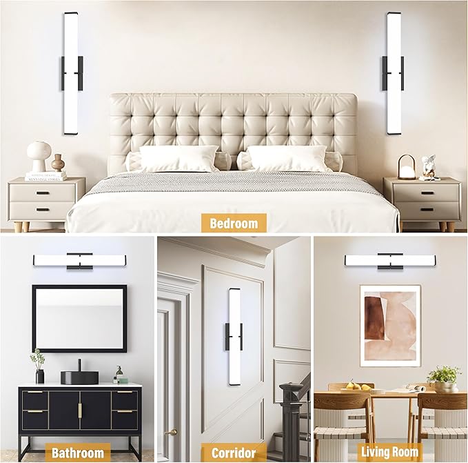 Bathroom Vanity Light with Night Light Cool White 5700K Black Modern Matte Bathroom Lighting Fixtures; 24 Inch IP44 25W Equivalent to Incandescent 250W for Over Mirror Vanity Light ETL Listed