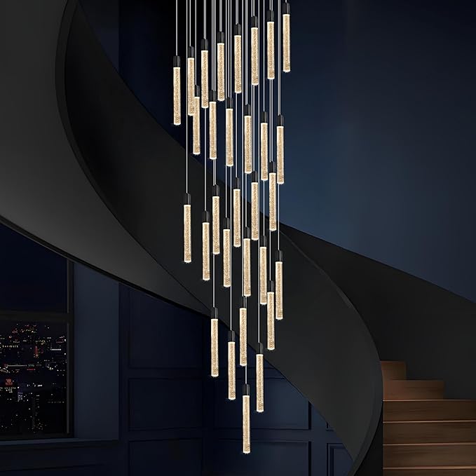 30-Light Black High Ceiling Chandeliers Modern Crystal Chandeliers for Entryway Long Spiral LED Dimmable Chandelier Flush Mount Ceiling Staircase Foyer Living Room Ceilings Light Fixture