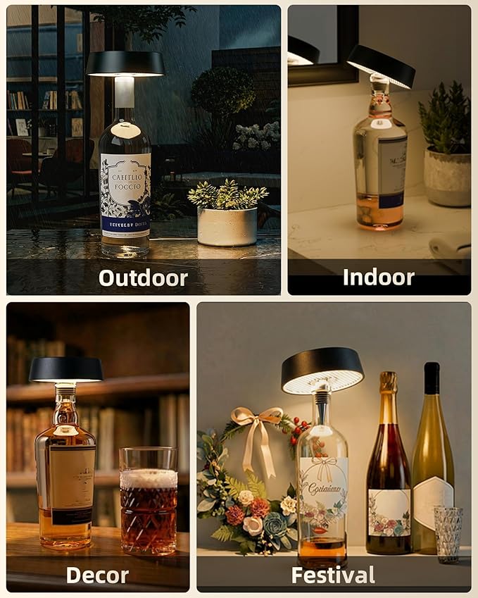 Wireless Bottle Lamp Shade, Rechargeable Wine Bottle Lights for Liquor Bottles, RGB, Touch Control 3 Color Temperatures, Dimmable, Outdoor Waterproof, Restaurant & Home Bar Décor, Gift, Black 1Pc