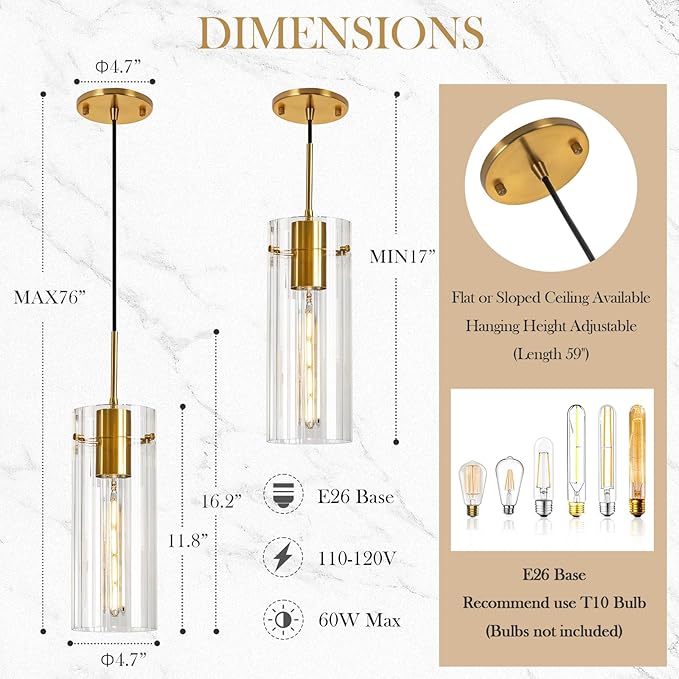 Gold Pendant Light Fixtures, 2 Pack Modern Pendant Lighting with Clear Striped Glass Shade, Hanging Pendant Lights Kitchen Island, Farmhouse Pendant Lighting for Dining Room Bedroom Bathroom