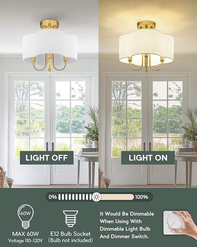 Gold Semi Flush Mount Ceiling Light, 13.5" 4-Light Light Fixtures Ceiling Mount with Fabric Shade in Quatrefoil for Kitchen Nursery Entryway Hallway Bedroom, SM179-BG