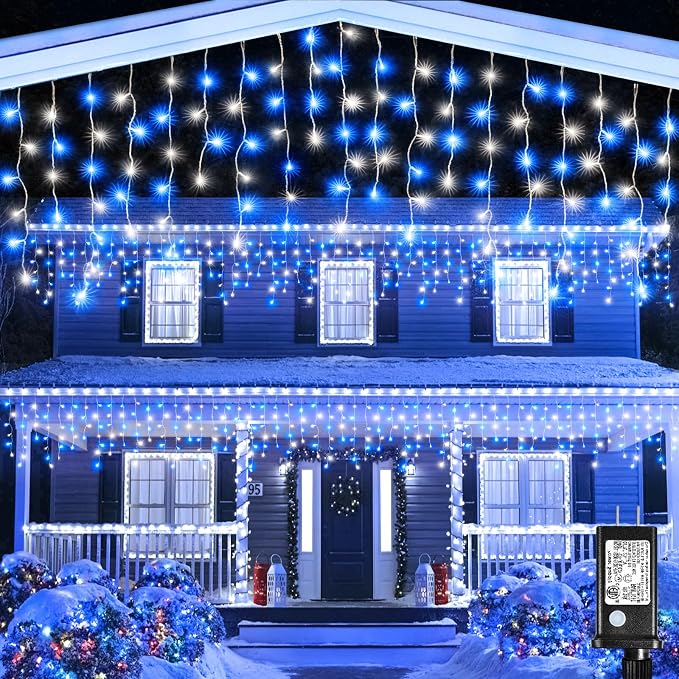 Icicle Christmas Lights Outdoor - 66FT 640 LED Icicle Lights for Outside with 8 Modes Timer, 120 Drops Waterproof Connectable Hanging String Lights Indoor for Patio Xmas Party Decor, Blue and White