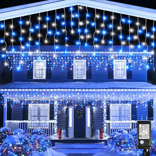 Icicle Lights for Outside - 33FT 400 LED Icicle Christmas Lights Outdoor with 75 Drops 8 Modes, Waterproof Connectable Curtain Hanging Lights for Indoor Roof Yard Xmas Decorations, Blue and White
