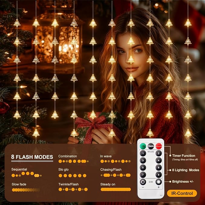 Christmas Tree Curtain Lights, Warm White Window Lights 70 LEDs Hanging Light with Remote Fairy Led Twinkle String Lights Home Bedroom Wall Ceiling Décor for Christmas, Wedding, Party