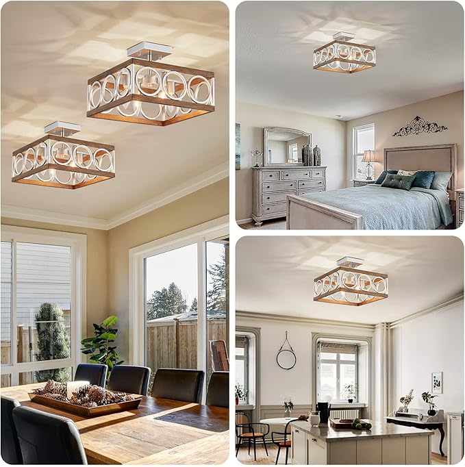XINGQI Square Ceiling Lights 13'' Farmhouse Semi Flush Mount Ceiling Light Fixture Rustic Chandelier for Living Dining Room Bedroom, Antique Wood Grain & Brushed Nickel Finish, 4 E12 Bulbs