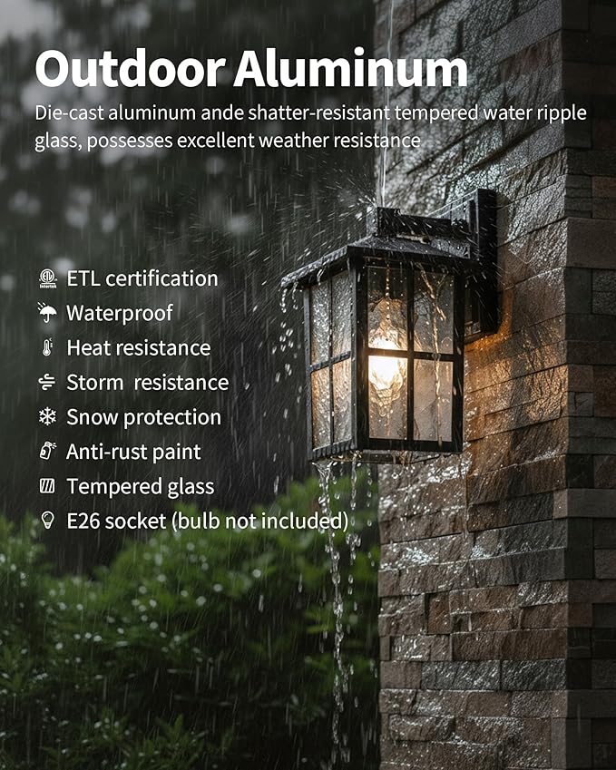 KDG Outdoor Waterproof Patio Wall Light Fixtures Set of 2, Black E26 Socket Exterior Lanterns with Tempered Glass, Modern Wall Mounted Lamp Suitable for Home, Front Door, Garden, Garage, Porch