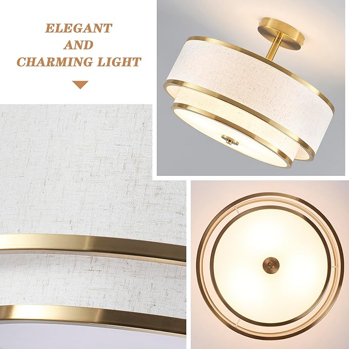 BUXVRCS Semi Flush Mount Ceiling Light Fixture, Modern Light Fixtures Ceiling Mount with Fabric Shade, 3-Light Double Drum Lighting Fixtures Close to Ceiling Light for Bedroom (Gold)