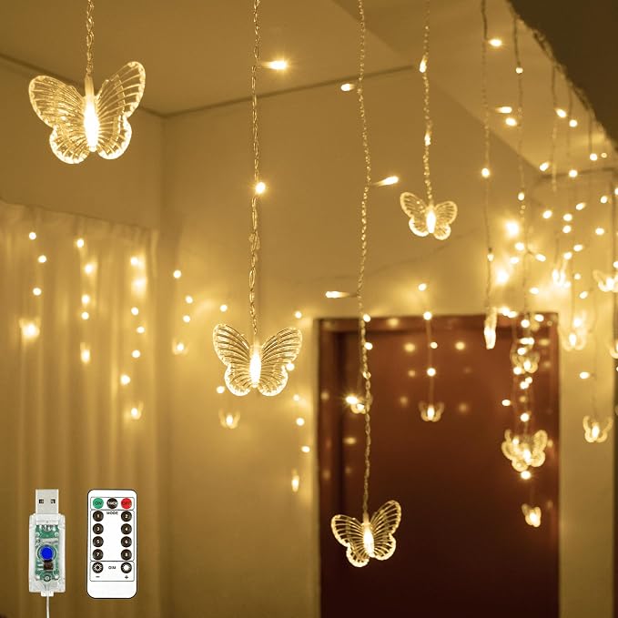 YOLIGHT Butterfly Curtain Lights 13ft 96 LED Fairy Light 8 Modes String Lights with Remote, Butterfly Hanging Decoration for Girls Room Bedroom Wall Ceiling Party Wedding Christmas (Warm White)