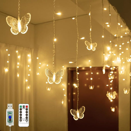 YOLIGHT Butterfly Curtain Lights 13ft 96 LED Fairy Light 8 Modes String Lights with Remote, Butterfly Hanging Decoration for Girls Room Bedroom Wall Ceiling Party Wedding Christmas (Warm White)
