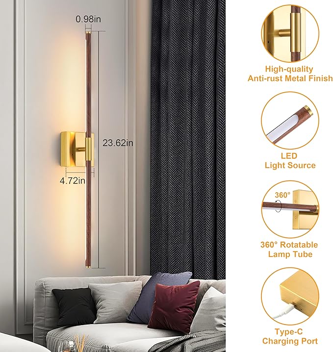 Morauroral 30″ Walnut Battery Operated Wall Sconces with Remote Control, Rechargeable Wall Sconces Set of 2, LED Sconces Wall Lighting, Wireless Wall Lights for Bedroom, Living Room, Background Wall