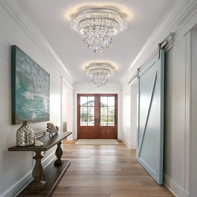 18" Sliver Crystal LED Ceiling Light with Remote Control,Flush Mount Chandelier with 3-Color Dimmable for Living Room Bedroom Dining Room Hallway - Modern Flower Design