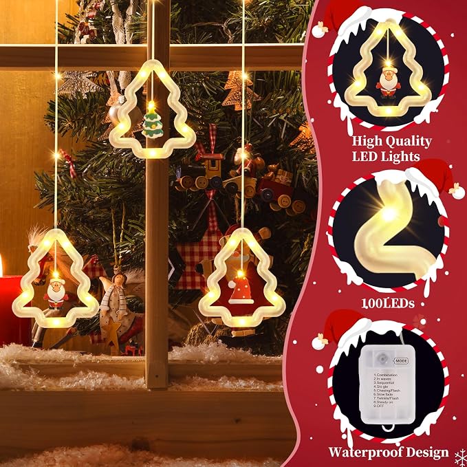 Christmas Tree Curtain Lights, Christmas Window Lights Decor with Remote,8 Lighting Modes, IP65 Waterproof, 10 Hooks Christmas Decorations Indoor Outdoor for Bedroom Party Wall Door Window