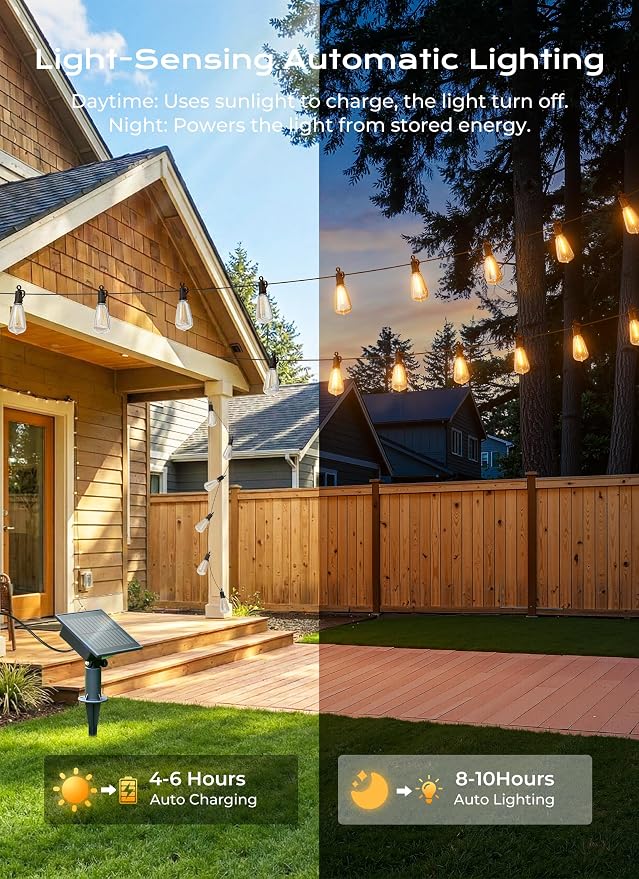 Brightown 175FT Solar String Lights Outdoor Waterproof with Remote, 56+2 LED Shatterproof Bulbs, Dimmable & Timable, 3 Light Modes - Commercial Grade Patio Lights for Garden Backyard Party Decor