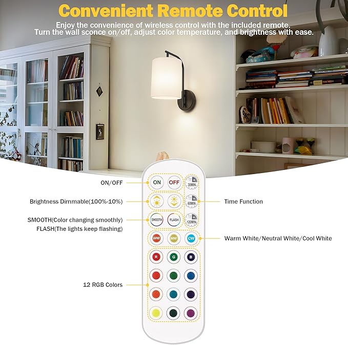 MATAMEYE Battery Operated Wall Sconce Set of 2, Black Rechargeable Dimmable Wall Light Fixture Remote, 12 RGB Colors & Timer, Wireless Lamp White Shade