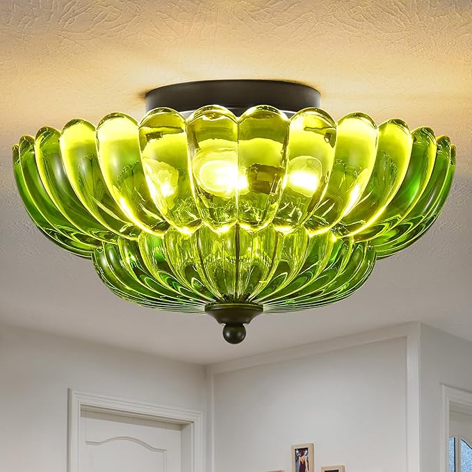 Modern Black Ceiling Light Fixture, 12" Green Glass Flush Mount Chandeliers, Semi Flush Mount Ceiling Light Fixture Suitable for Living Room Hallway Kitchen Bedroom