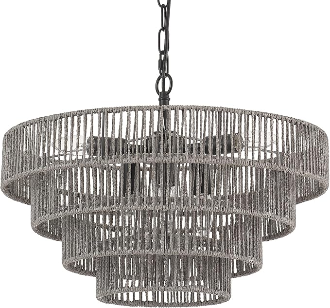 20” Hand-Woven Rattan Chandelier 6-Lights Transitional Minimalist 4 Round Boho Large Coastal Pendant Light for Kitchen Island Dining Room Living Room Hallway, Gray, UL Listed
