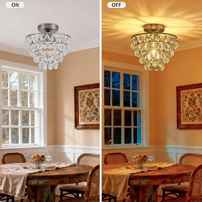 Mayful Modern Crystal Ceiling Light Fixture Chrome Semi Flush Mount Ceiling Chandelier Mini Ceiling Light for Hallway Bedroom Bathroom Living Room E26
