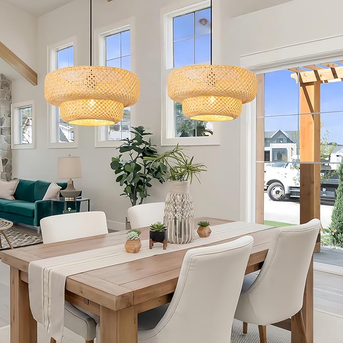 Boho Bamboo Pendant Light 17.72" Beige Wicker Chandelier Handmade Rattan Dining Room Lights Farmhouse Hanging Lighting Fixture for Kitchen Island Bedroom Living Room Hallway Coffee Restaurant