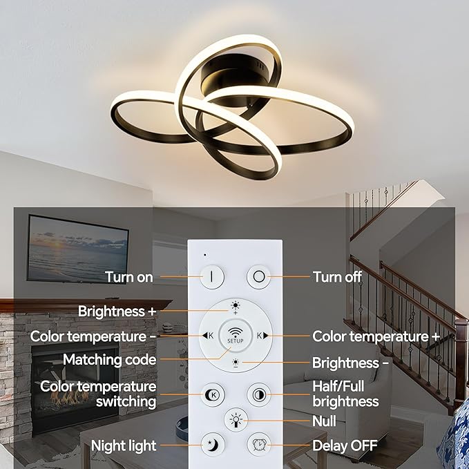 Modern LED Chandelier, 50W LED Ceiling Light with Remote Control, 3000-6000K Color Temperature Changing, Black Chandelier for Bedroom, Entryway, Hallway, Kitchen