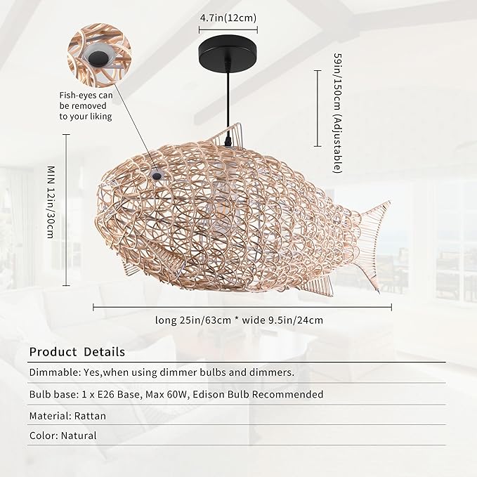 24 inch Fish-Shaped Rattan Woven Pendant Light Boho Chandelier Rustic Farmhouse Chandelier Rattan Light Fixture for Dining Room Living Room Bedroom Kitchen Foyer(Bulb Included)