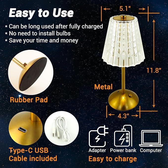 Cordless Table Lamp, Rechargeable Battery Operated Lamp, 3 Color Modes & Stepless Dimmable LED Touch Lamp, Portable Crystal Gold Metal Beside Lamps for Bedroom Living Room Restaurant Outdoor