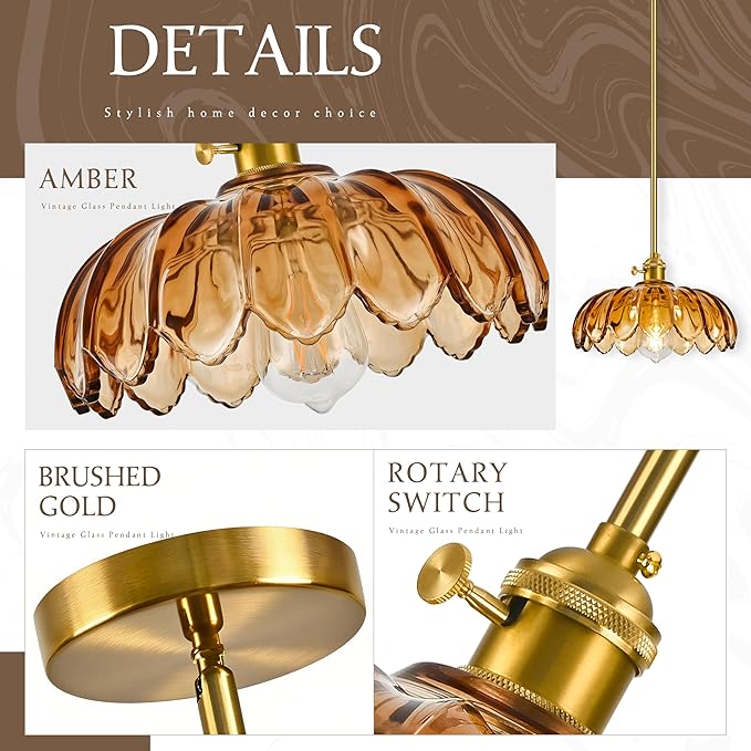 Mid Century Modern Pendant Light 2 Pack Hanging Adjustable Pendant Lights with Brushed Gold Fixture Amber Flower Glass Vintage Chandelier for Kitchen Island Bedroom Dining Room（Bulb Incl.）