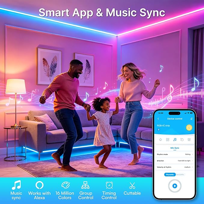 TJOY 100ft Smart Led Strip Lights for Bedroom, Compatible with Alexa and Google Assistant, RGB Color Changing, Wireless Music Sync Led Lights for Room Decor(APP+Remote+Voice)