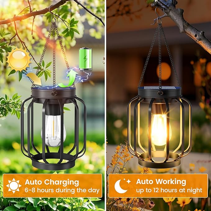 Solar Lanterns Outdoor Waterproof 2 Pack, 14.37'' Metal Hanging Solar Lights for Outside with Auto On/Off & Hook - Brighter Hanging Outdoor Lanterns Decorative Lighting for Garden Patio Yard