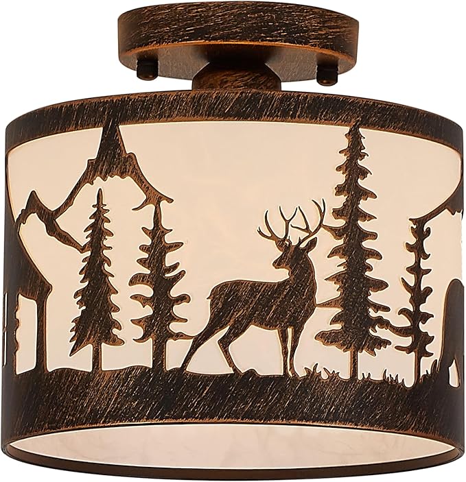 Rustic Semi Flush Mount Ceiling Light with Shade, Black Metal Farmhouse Fixture with Deer and Bear Silhouettes, Wildlife Forest Theme for Cabin, Kitchen, Living Room - E26 Base (9.1" Round)