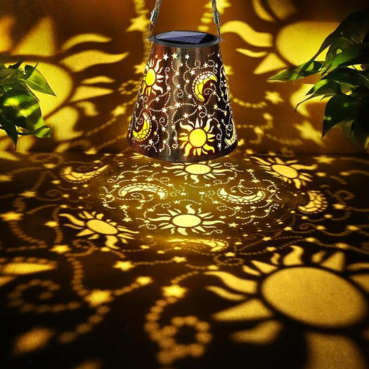 Toodour Solar Lantern Outdoor, Hanging Solar Outdoor Lights Garden Decor, Waterproof Hollow Out Retro Metal Sun & Moon Decorative Lights for Patio, Balcony, Yard, Walkway, Outdoor Decor