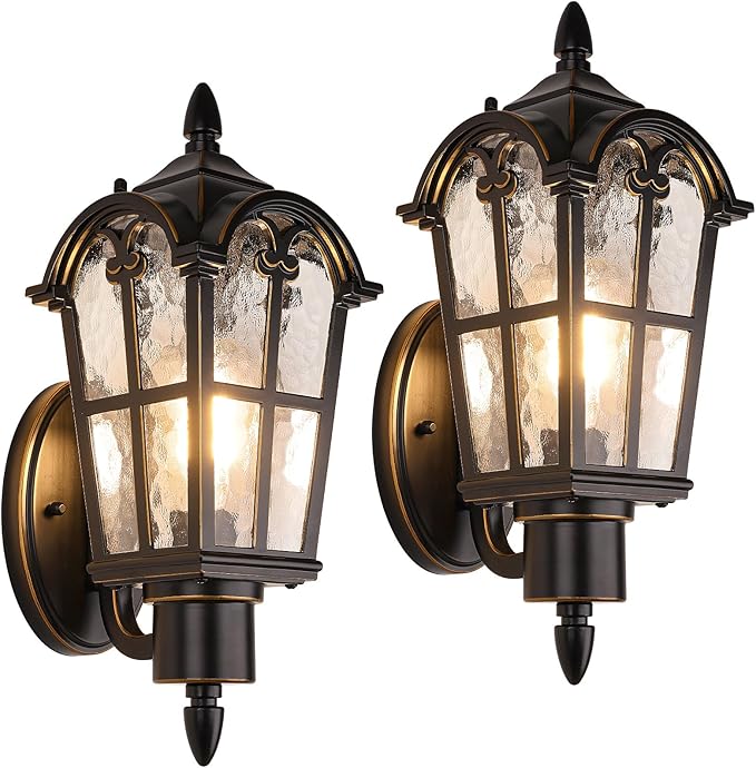 Sucolite Outdoor Wall Light Fixtures, Black & Gold Exterior Waterproof Porch Lights, Vintage Outside Wall Sconces with Water Ripple Glass for House Front Door Garage, 2 Pack