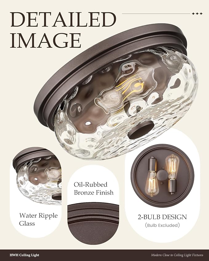 Farmhouse Ceiling Light Fixtures, HWH 2-Light Flush Mount Ceiling Light for Bedroom, Indoor Ceiling Mount Light with Water Ripple Glass, Oil-Rubbed Bronze Finish, 5HJX109F ORB-WG