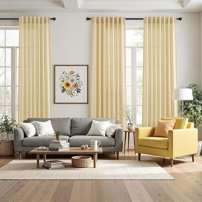 Nanspring Cream Yellow Curtains 108 Inches Long for Living Room Linen Light Filtering Modern Farmhouse Sheer Curtains Back Tab Floor to Ceiling High Window Curtain for Bedroom Office 52x108, 2 Panels