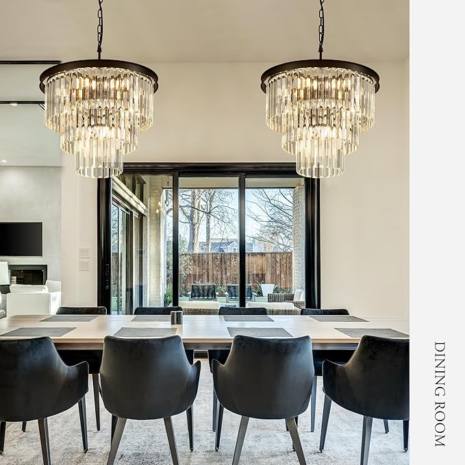 8-Light Black Crystal Pendant Light, 3-Tier 17.76" Luxury Crystal Pendant Light Perfect for Dining Room, Bedroom, Kitchen, Living Room