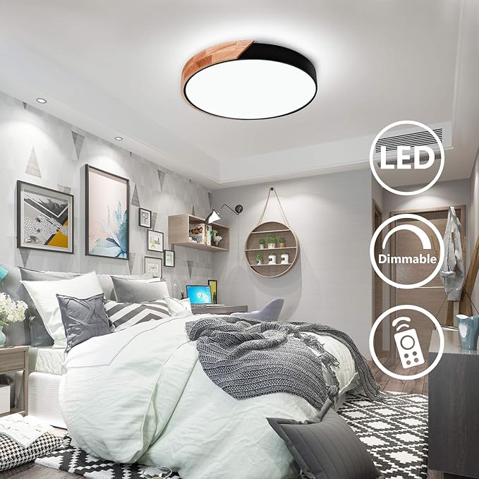 EDISLIVE Ceiling Light Dimmable 15 inch Modern Minimalist LED Round Shaped Wood & Metal & Acrylic Flush Mount Ceiling Light with Remote Control Black