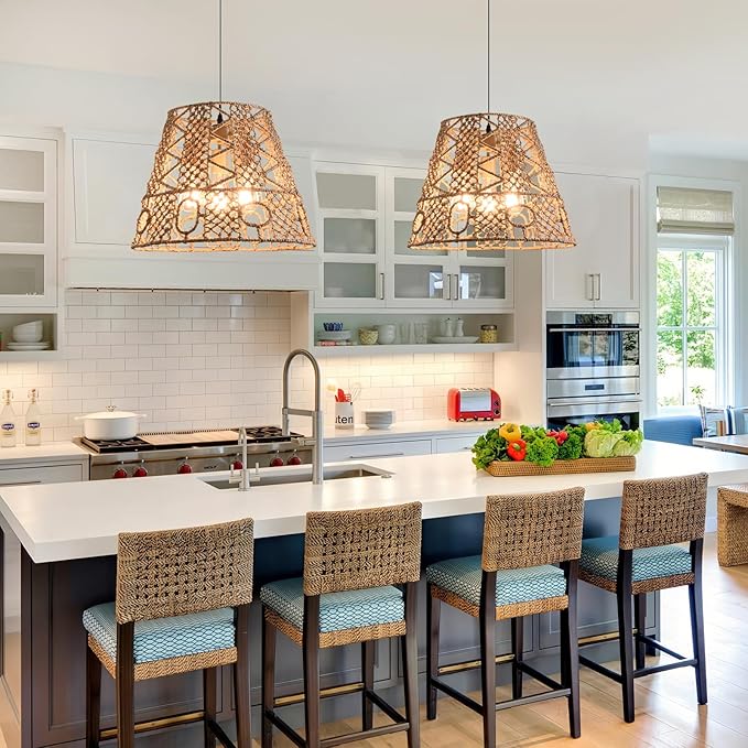 18.11" Rattan Pendant Light,Boho Hand Woven Wicker Hanging Light 3-Light Seagrass Rattan Chandelier for Dining Living Bedroom Sand Black Metal