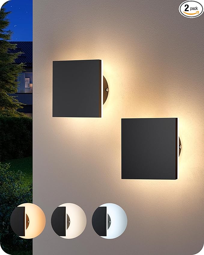 EDISHINE 2 Pack LED Wall Lights Outdoor Indoor, 3000K-5000K Dimmable Wall Sconce, 360° Backlit Square Modern Exterior Lighting Fixtures, IP65 Waterproof Aluminum Outside Porch Light, Black