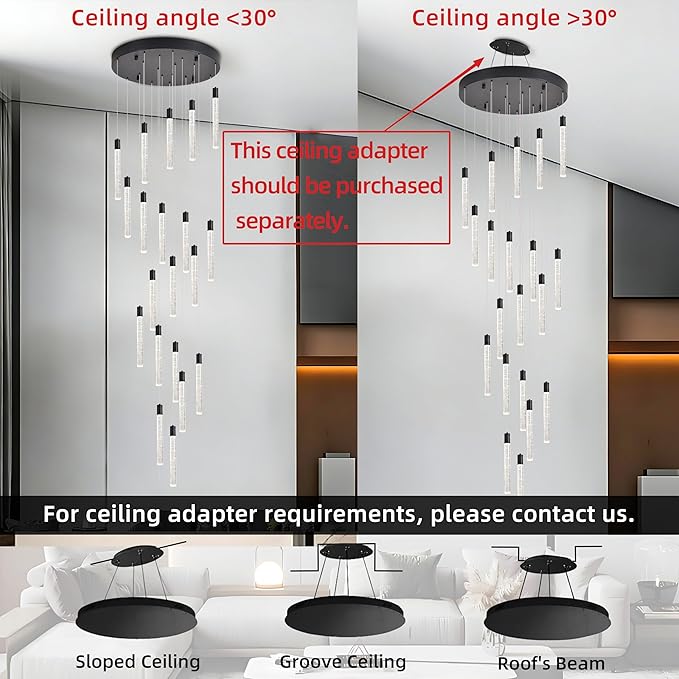 20-Light Black High Ceiling Chandeliers Modern Crystal Chandeliers for Entryway Long Spiral LED Dimmable Chandelier Flush Mount Ceiling Staircase Foyer Living Room Ceilings Light Fixture