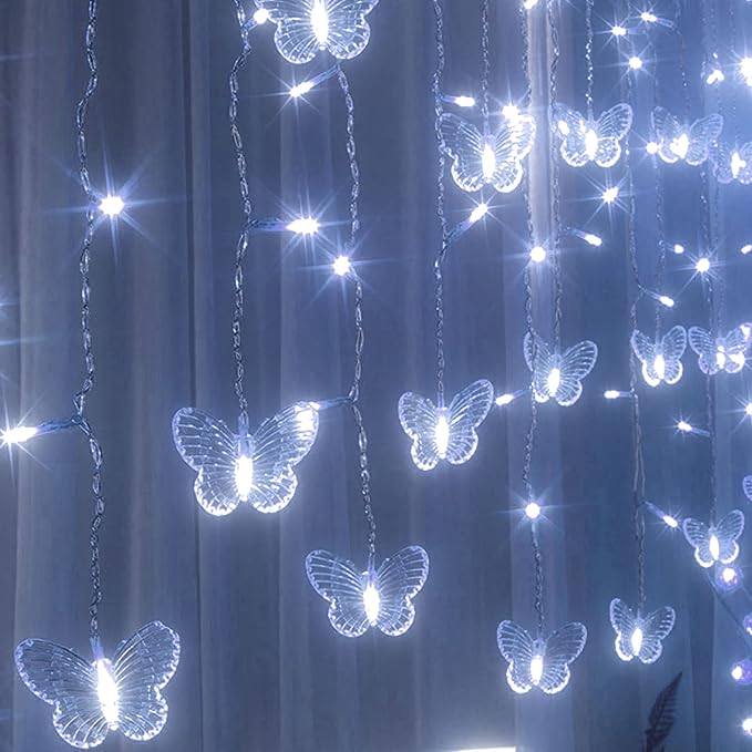 Curtain Butterfly String Light 20Ft 120LED Window USB Fairy Lights 24 Butterfly 8 Modes with Remote Control for Room Bedroom Patio Party Wedding Holiday Christmas Decoration (Cool White)